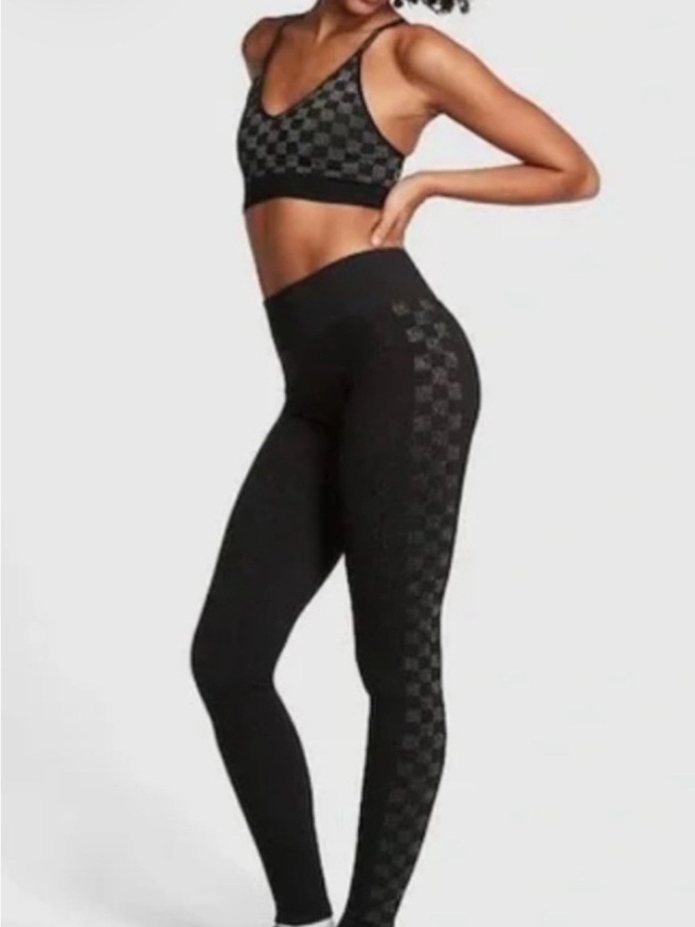 Seamless Black Check-Panel High-Waist Leggings
